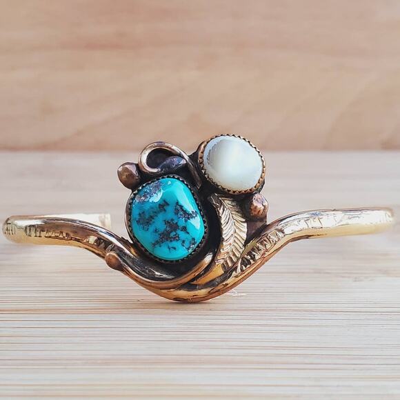 Navajo Turquoise Sterling Silver GF Gold Filed Cuff Bracelet Small 6.75in - Picture 2 of 9